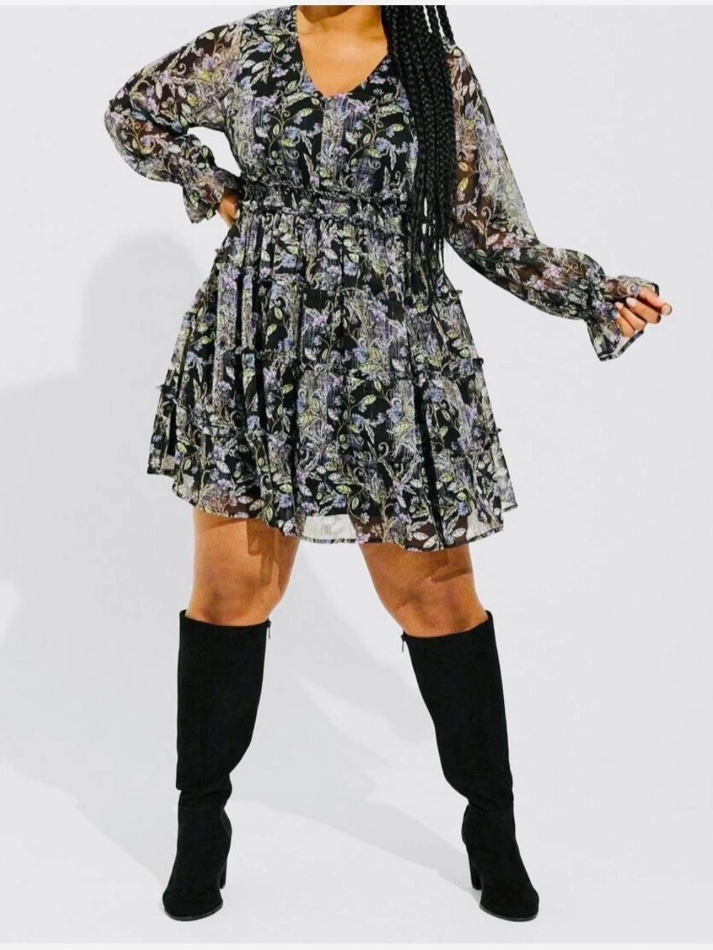 Torrid Black Floral Smocked Mini Dress with Lavender & Green Accents Size Plus 2